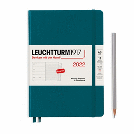 LEUCHTTURM 2022 WEEKLY PLANNER & NOTEBOOK MEDIUM (A5) WITH EXTRA BOOKLET, PACIFIC GREEN